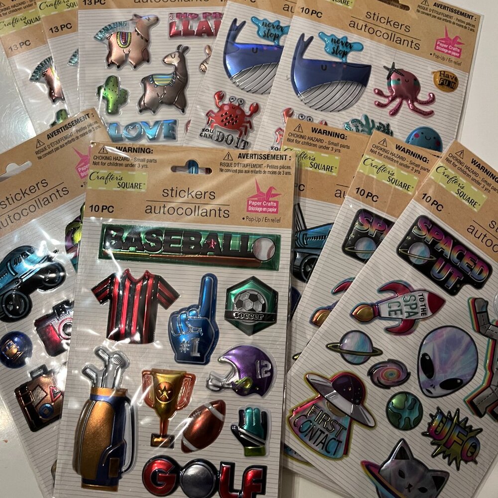 Metallic Puffy Stickers 10 Packs (Space Ocean Llamas Travel Sports) NEW‎